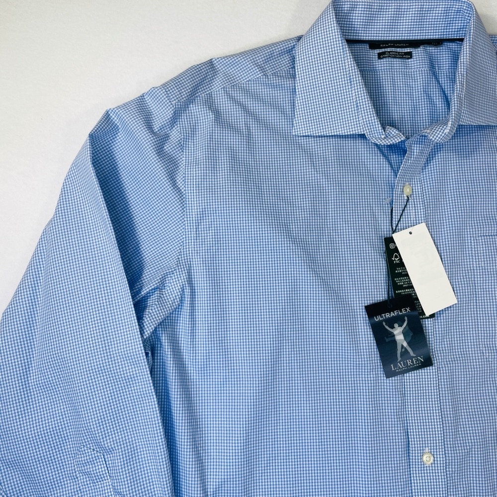 NWT Lauren Ralph Lauren Men Ultraflex Dress Shirt Blue Gingham Non-Iron 17.5 - Picture 5 of 10
